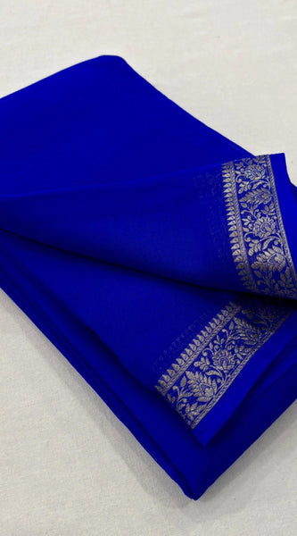 Mayawye Women's Crepe Chit Pallu Solid Saree With Unstitched Blouse 5.5Mtr (Blue)