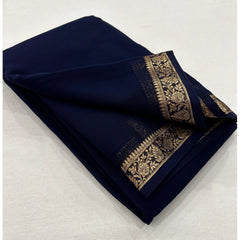 Mayawye Women's Crepe Chit Pallu Solid Saree With Unstitched Blouse 5.5Mtr (Navy Blue)