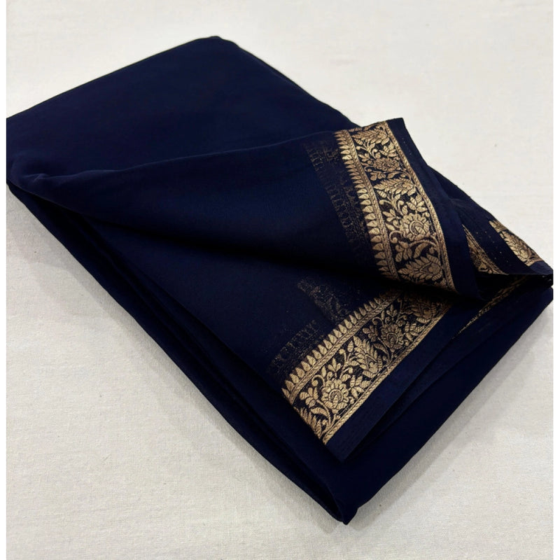 Mayawye Women's Crepe Chit Pallu Solid Saree With Unstitched Blouse 5.5Mtr (Navy Blue)