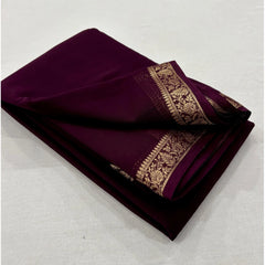 Mayawye Women's Crepe Chit Pallu Solid Saree With Unstitched Blouse 5.5Mtr (Dark Wine)