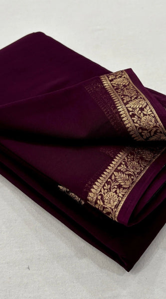 Mayawye Women's Crepe Chit Pallu Solid Saree With Unstitched Blouse 5.5Mtr (Dark Wine)