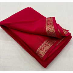 Mayawye Women's Crepe Chit Pallu Solid Saree With Unstitched Blouse 5.5Mtr (Red)