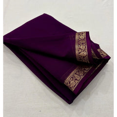 Mayawye Women's Crepe Chit Pallu Solid Saree With Unstitched Blouse 5.5Mtr (Dark Purple)