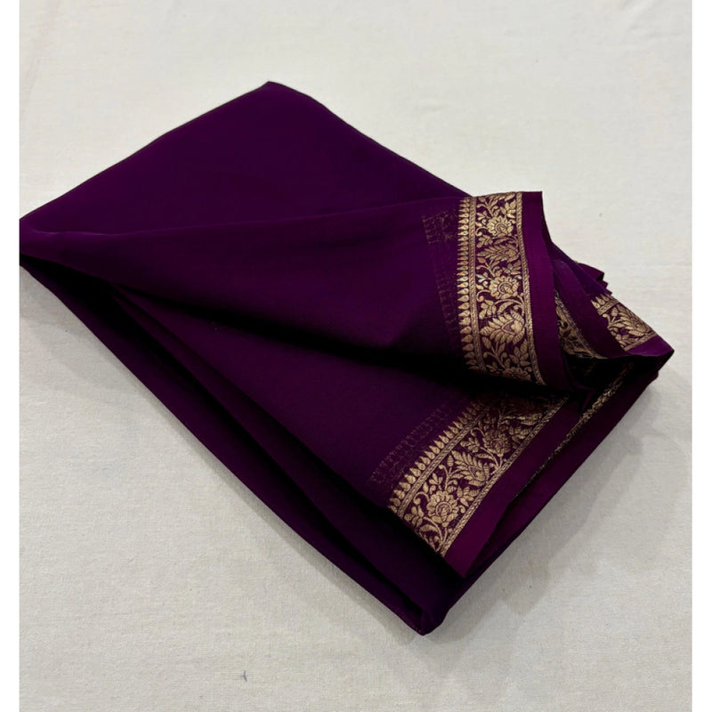 Mayawye Women's Crepe Chit Pallu Solid Saree With Unstitched Blouse 5.5Mtr (Dark Purple)