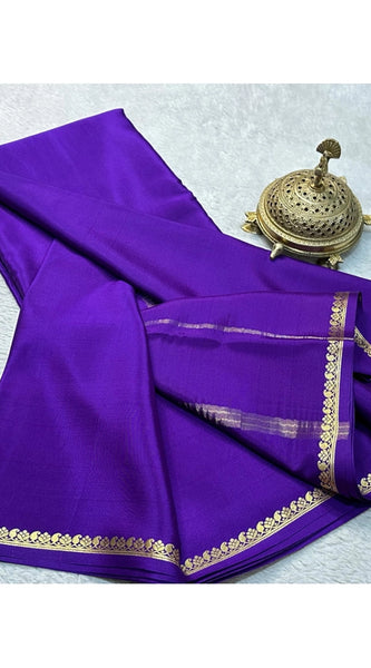 Mayawye Women's Crepe Chit Pallu Solid Saree With Unstitched Blouse 5.5Mtr (Purple)