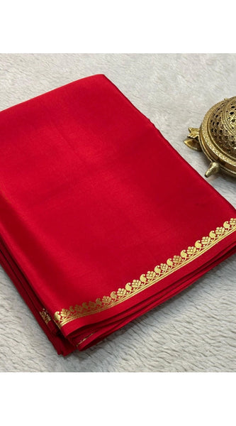 Mayawye Women's Crepe Chit Pallu Solid Saree With Unstitched Blouse 5.5Mtr (Red)
