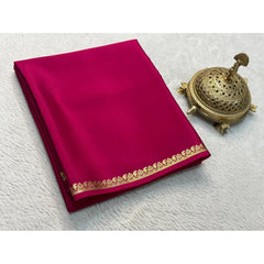 Mayawye Women's Crepe Chit Pallu Solid Saree With Unstitched Blouse 5.5Mtr (Pink)