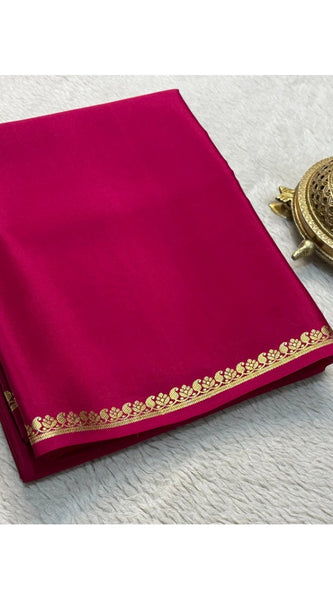 Mayawye Women's Crepe Chit Pallu Solid Saree With Unstitched Blouse 5.5Mtr (Pink)