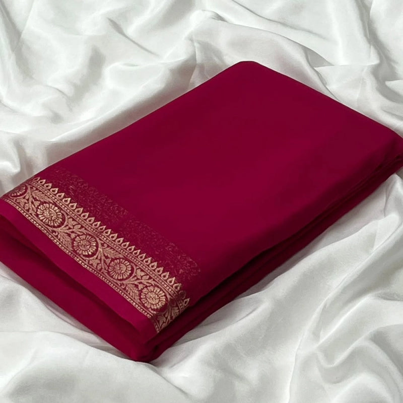 Mayawye Women's Crepe Chit Pallu Solid Saree With Unstitched Blouse 5.5Mtr (Pink)