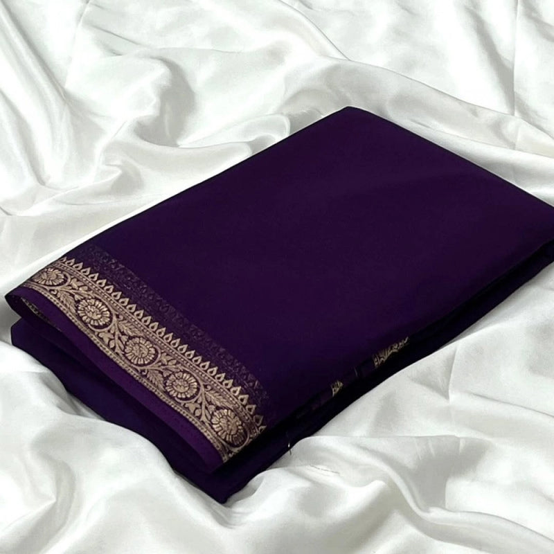 Mayawye Women's Crepe Chit Pallu Solid Saree With Unstitched Blouse 5.5Mtr (Dark Purple)