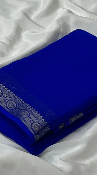 Mayawye Women's Crepe Chit Pallu Solid Saree With Unstitched Blouse 5.5Mtr (Blue)