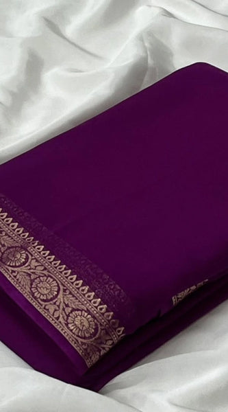 Mayawye Women's Crepe Chit Pallu Solid Saree With Unstitched Blouse 5.5Mtr (Wine)