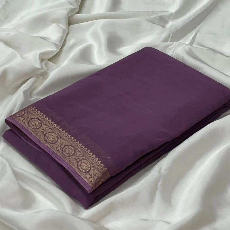 Mayawye Women's Crepe Chit Pallu Solid Saree With Unstitched Blouse 5.5Mtr (Violet)