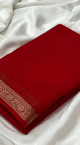 Mayawye Women's Crepe Chit Pallu Solid Saree With Unstitched Blouse 5.5Mtr (Red)