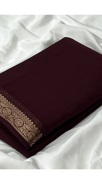 Mayawye Women's Crepe Chit Pallu Solid Saree With Unstitched Blouse 5.5Mtr (Brown)