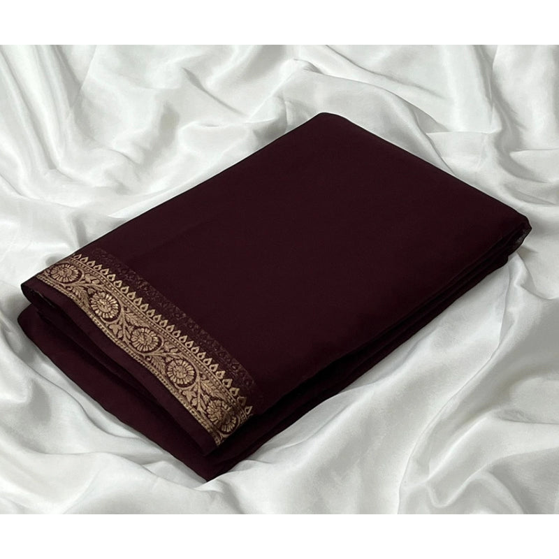 Mayawye Women's Crepe Chit Pallu Solid Saree With Unstitched Blouse 5.5Mtr (Brown)