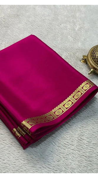 Mayawye Women's Crepe Chit Pallu Solid Saree With Unstitched Blouse 5.5Mtr (Pink)