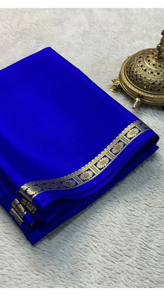 Mayawye Women's Crepe Chit Pallu Solid Saree With Unstitched Blouse 5.5Mtr (Blue)