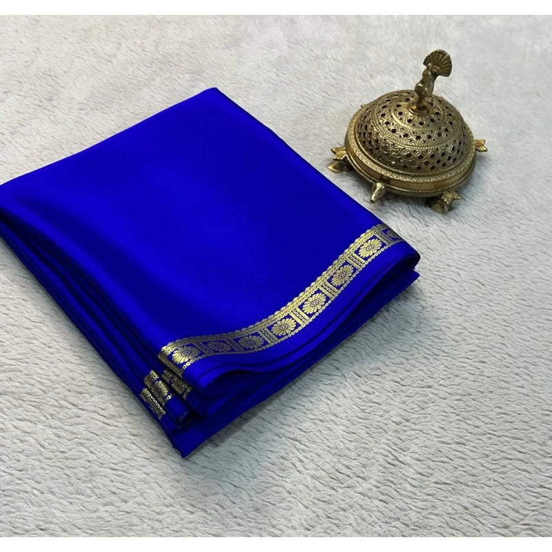 Mayawye Women's Crepe Chit Pallu Solid Saree With Unstitched Blouse 5.5Mtr (Blue)
