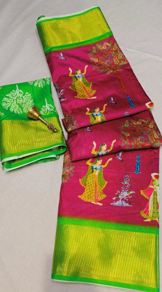 Mayawye Women's Digital Dolla Silk Printed Saree With Unstitched Blouse 5.5Mtr (Pink)