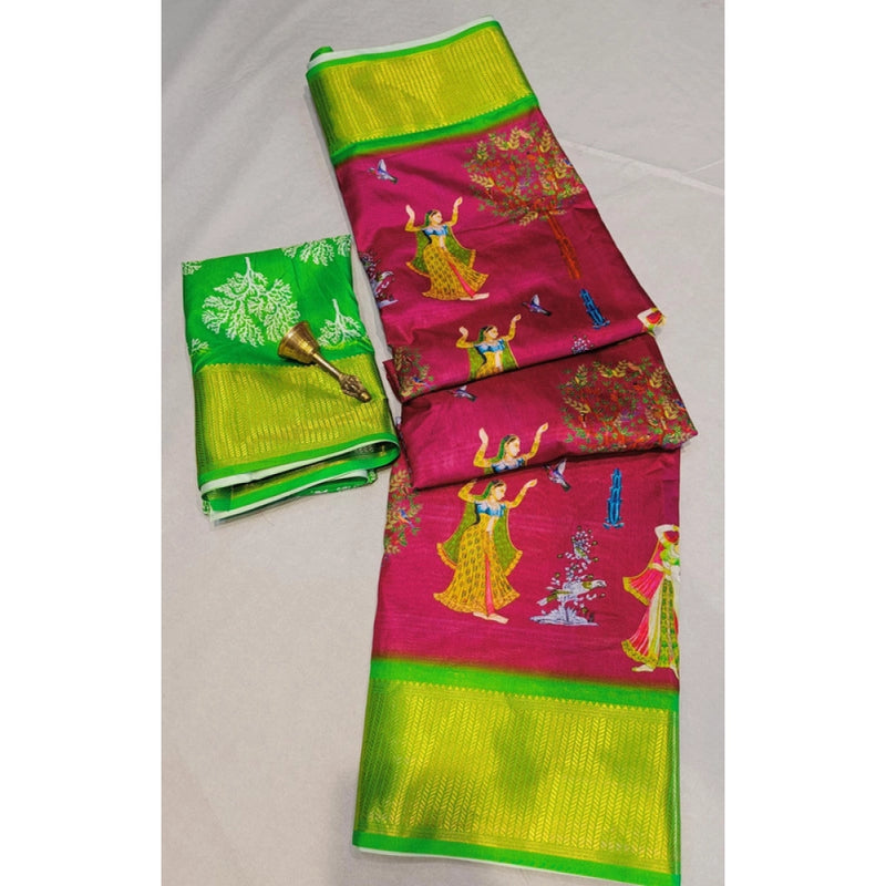 Mayawye Women's Digital Dolla Silk Printed Saree With Unstitched Blouse 5.5Mtr (Pink)