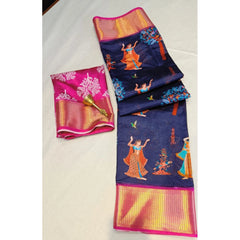 Mayawye Women's Digital Dolla Silk Printed Saree With Unstitched Blouse 5.5Mtr (Navy Blue)