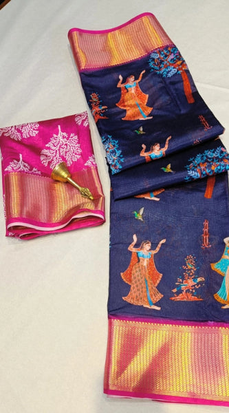 Mayawye Women's Digital Dolla Silk Printed Saree With Unstitched Blouse 5.5Mtr (Navy Blue)