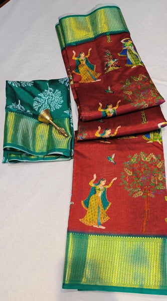 Mayawye Women's Digital Dolla Silk Printed Saree With Unstitched Blouse 5.5Mtr (Brown)