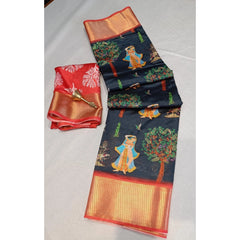 Mayawye Women's Digital Dolla Silk Printed Saree With Unstitched Blouse 5.5Mtr (Black)
