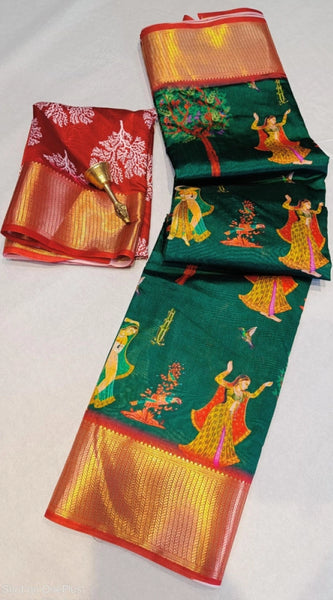 Mayawye Women's Digital Dolla Silk Printed Saree With Unstitched Blouse 5.5Mtr (Green)