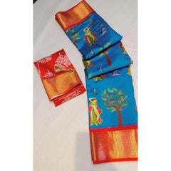 Mayawye Women's Digital Dolla Silk Printed Saree With Unstitched Blouse 5.5Mtr (Sky Blue)