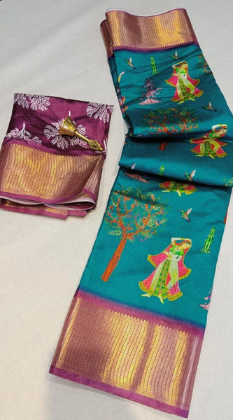 Mayawye Women's Digital Dolla Silk Printed Saree With Unstitched Blouse 5.5Mtr (Turquoise Green)