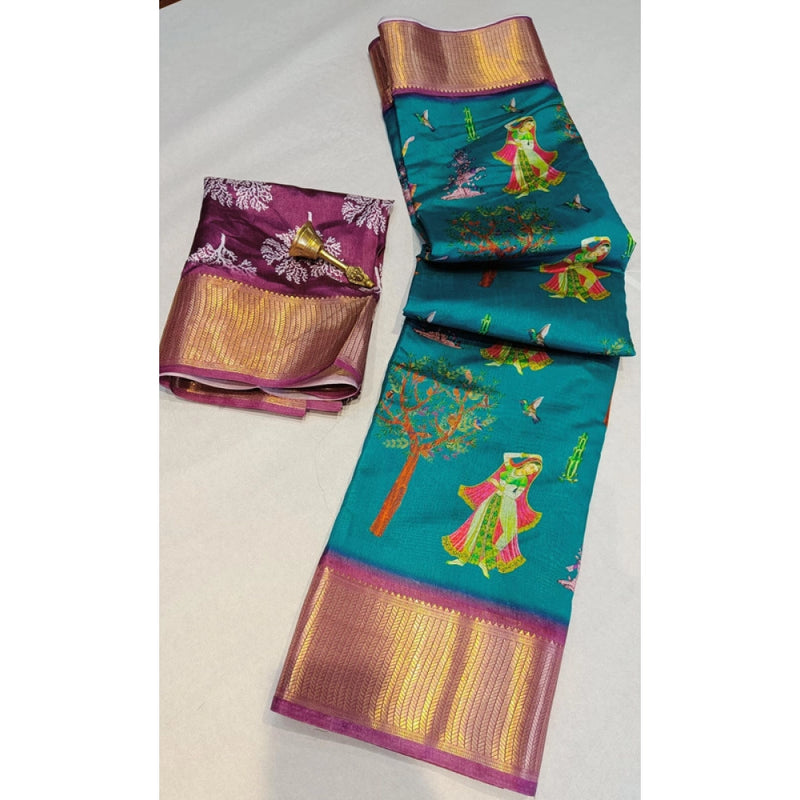 Mayawye Women's Digital Dolla Silk Printed Saree With Unstitched Blouse 5.5Mtr (Turquoise Green)