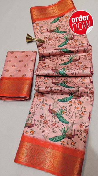 Mayawye Women's Digital Dolla Silk Printed Saree With Unstitched Blouse 5.5Mtr (Orange)