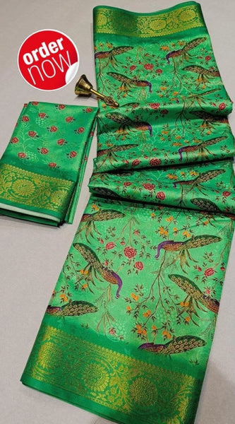Mayawye Women's Digital Dolla Silk Printed Saree With Unstitched Blouse 5.5Mtr (Green)