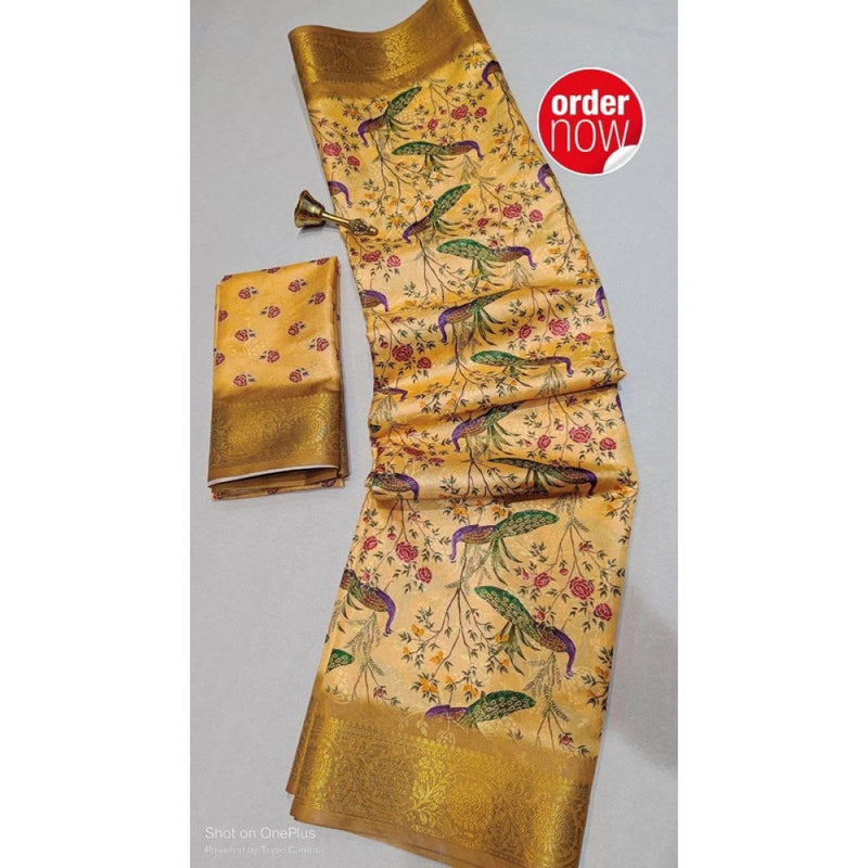 Mayawye Women's Digital Dolla Silk Printed Saree With Unstitched Blouse 5.5Mtr (Mustard)
