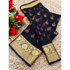 Mayawye Women's Digital Dolla Silk Printed Saree With Unstitched Blouse 5.5Mtr (Navy Blue)