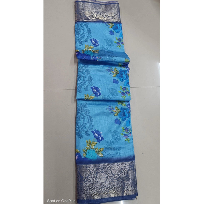 Mayawye Women's Digital Dolla Silk Printed Saree With Unstitched Blouse 5.5Mtr (Sky Blue)