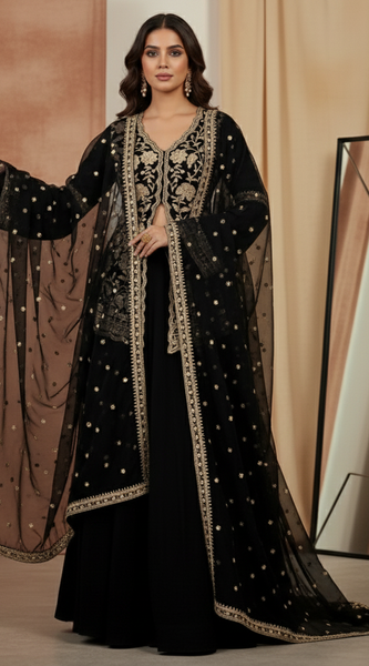 Mayawye Women's Georgette Embroidery 3-4th Sleeve V-Neck Kurti, Palazzo And Dupatta Set (Black)
