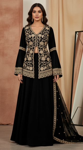 Mayawye Women's Georgette Embroidery 3-4th Sleeve V-Neck Kurti, Palazzo And Dupatta Set (Black)