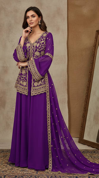 Mayawye Women's Georgette Embroidery 3-4th Sleeve V-Neck Kurti, Palazzo And Dupatta Set (Purple)