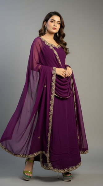 Mayawye Women's Georgette Embroidery Sleeveless Round Neck Kurti, Palazzo And Dupatta Set (Wine)