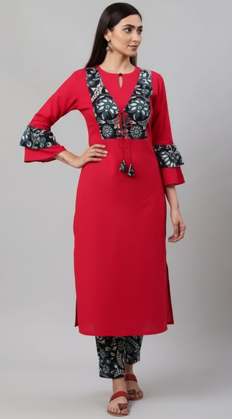 Mayawye Women's Casual Bell Sleeves Floral Printed Cotton Kurti Set (Rani Pink)