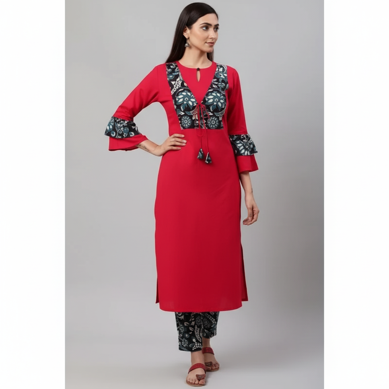 Mayawye Women's Casual Bell Sleeves Floral Printed Cotton Kurti Set (Rani Pink)