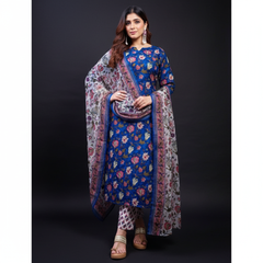 Mayawye Women's Cotton Blend Printed Kurti With Pant Dupatta Set (Blue)