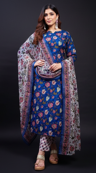 Mayawye Women's Cotton Blend Printed Kurti With Pant Dupatta Set (Blue)
