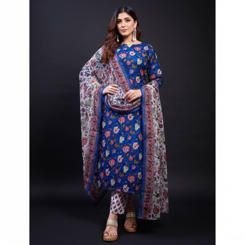 Mayawye Women's Cotton Blend Printed Kurti With Pant Dupatta Set (Blue)
