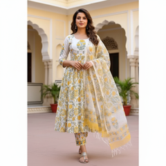 Mayawye Women's Cotton Blend Printed Work Kurti With Bottom And Dupatta Set (Yellow)