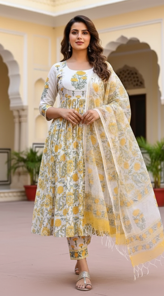 Mayawye Women's Cotton Blend Printed Work Kurti With Bottom And Dupatta Set (Yellow)