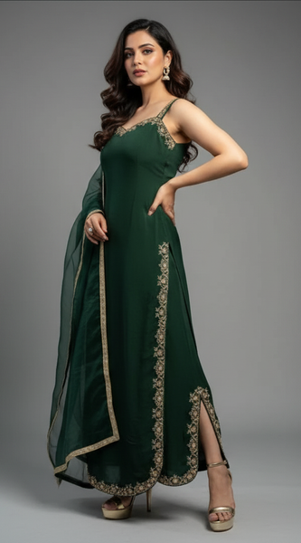 Mayawye Women's Georgette Embroidery Sleeveless Round Neck Kurti, Palazzo And Dupatta Set (Green)